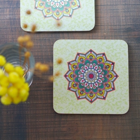 Coasters MDF square Mandala green color x6