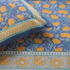 Drap de lit indien avec taies d'oreiller bleu et jaune