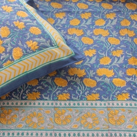 Indian printed bedsheet + pillow Blue and yellow