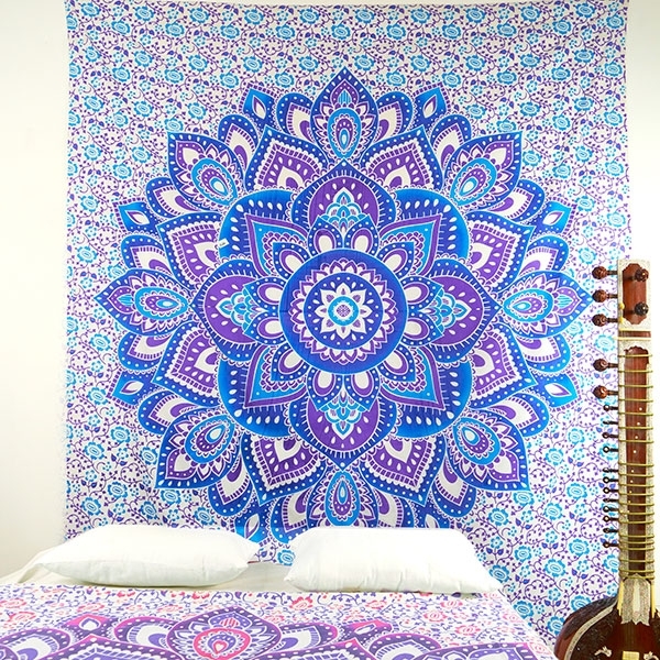 Indian cotton wall hanging Lotus blue and purple