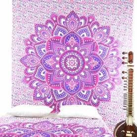 Indian cotton wall hanging Lotus blue and pink