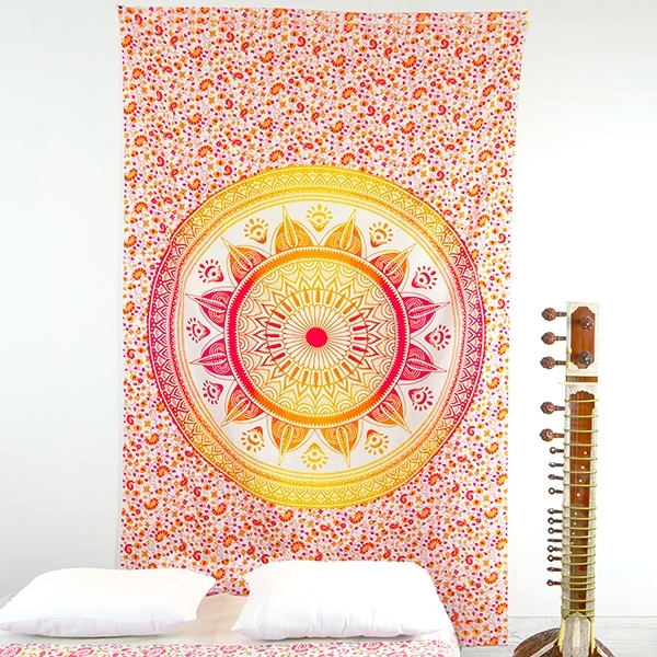 Tenture murale indienne Lotus blanc et orange
