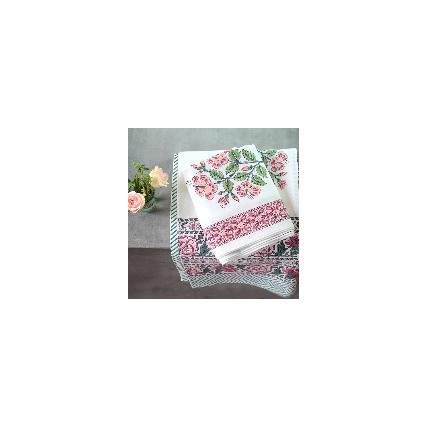 Indian printed bedsheet + pillow Green and white