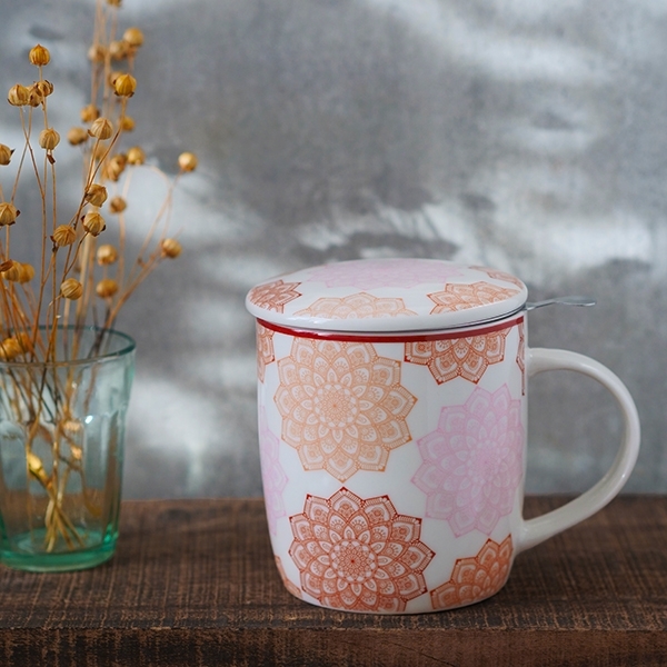 Mug Infuseur en Porcelaine avec Filtre et Couvercle Mandala Doré 400ml