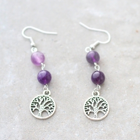 Boucles d'oreilles arbre de vie Améthyste et fluorite