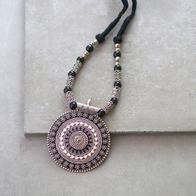 Indian ethnic metal and cotton necklace black