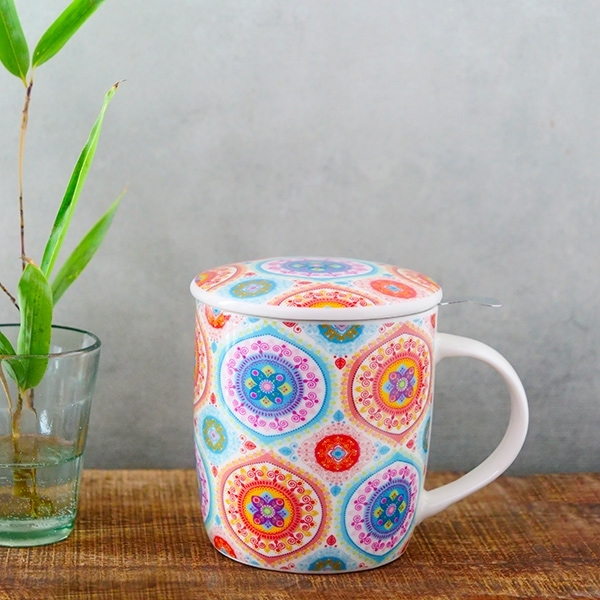 Mug à infusion en porcelaine avec filtre en inox - Mandala turquoise