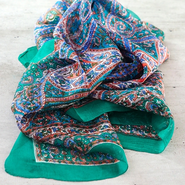 Indian silk scarf square green and blue