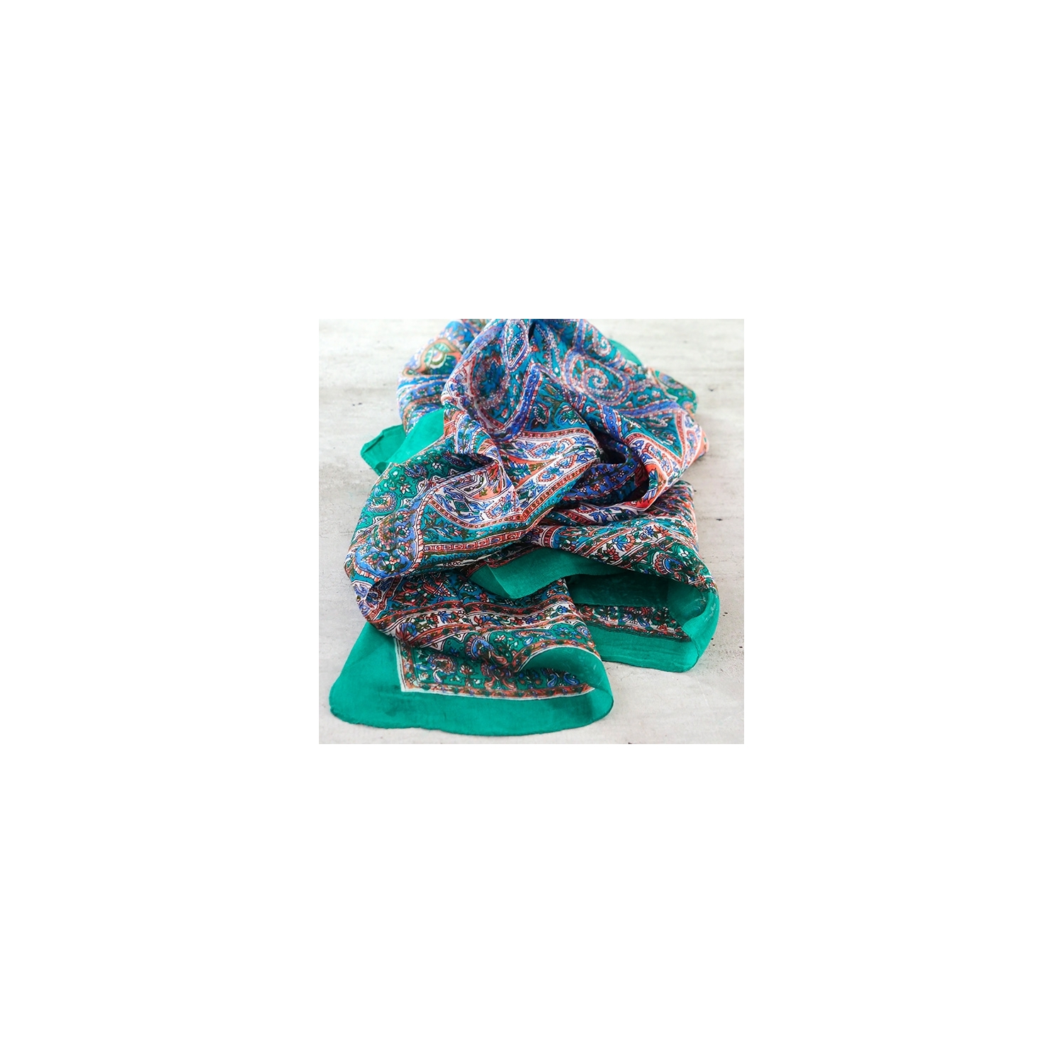 Foulard indien en soie carré vert et bleu