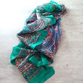 Indian silk scarf square green and blue