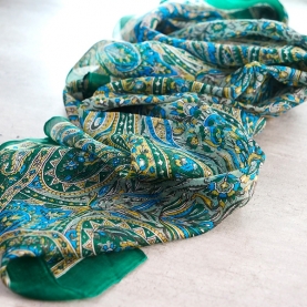 Indian silk scarf square green and yellow