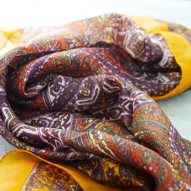 Indian silk scarf square yellow and maroon