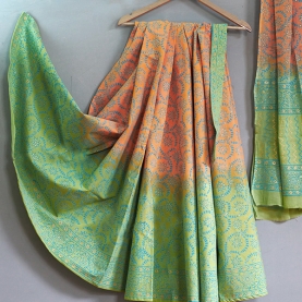 Indian cotton skirt Sanganeri print green and orange