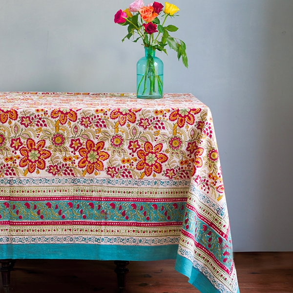 Indian handcrafted printed table cover blue and red