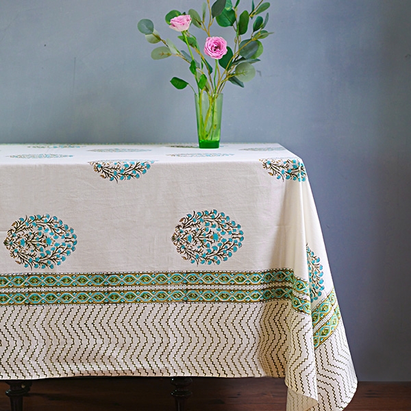 Nappe indienne coton imprimée bleue et verte