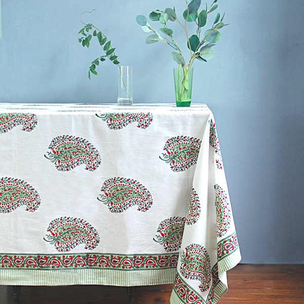 Nappe indienne coton imprimée verte et rouge