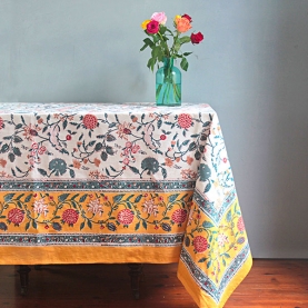 Indian handcrafted printed table cover yellow and white