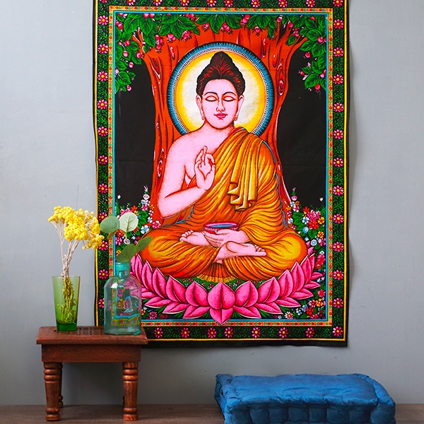 Tissu mural indien peint Bouddha méditation