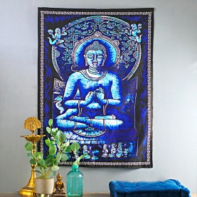 Tissu mural indien peint Bouddha bleu
