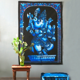 Tissu mural indien peint Ganesh bleu
