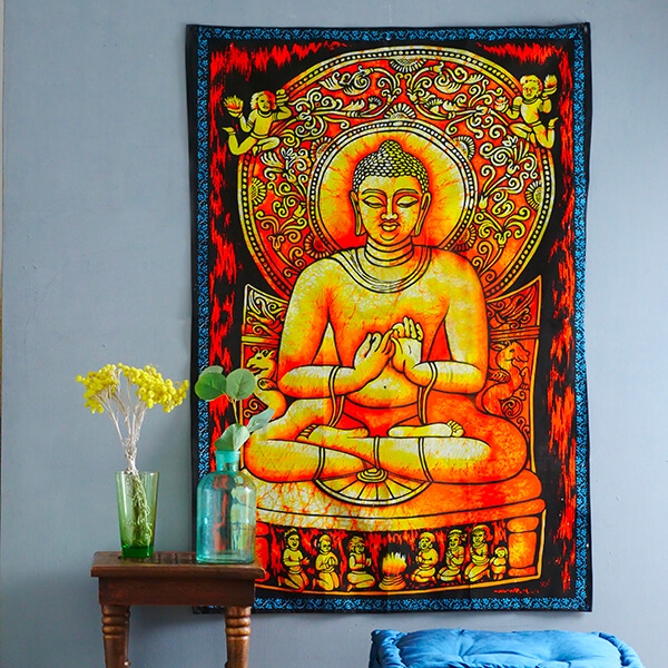 Tissu mural indien peint Bouddha orange
