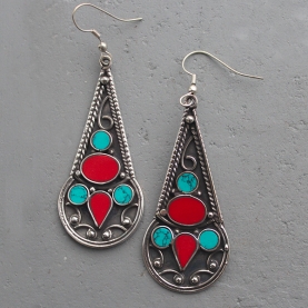 Indian earrings boho red and cyan colors