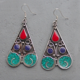 Indian earrings boho red, blue and cyan colors