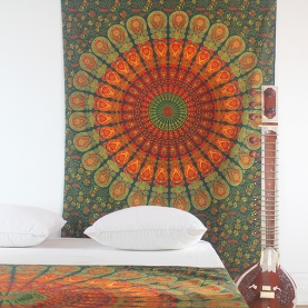 Tenture murale indienne Mandala vert et orange