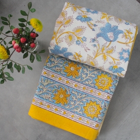 Indian handcrafted printed table cover yellow and blue
