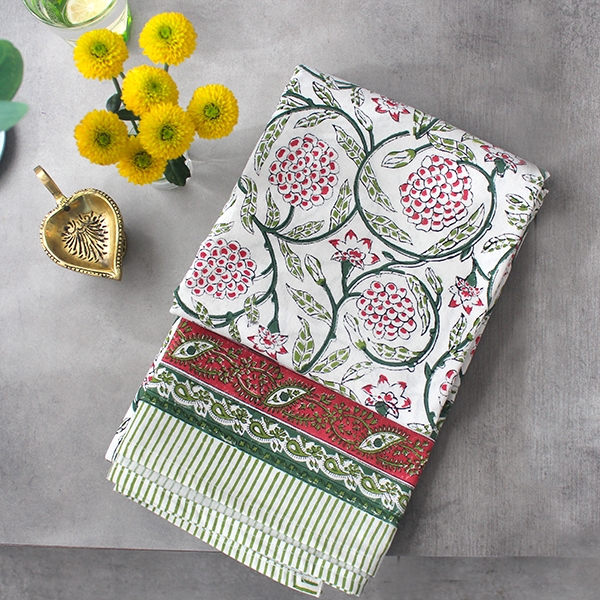 Nappe indienne coton imprimée verte et bordeaux