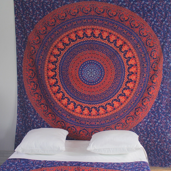 Indian cotton wall hanging Elephants navy blue and orange