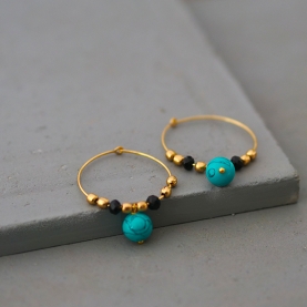 Indian creole earrings golden metal with turquoises