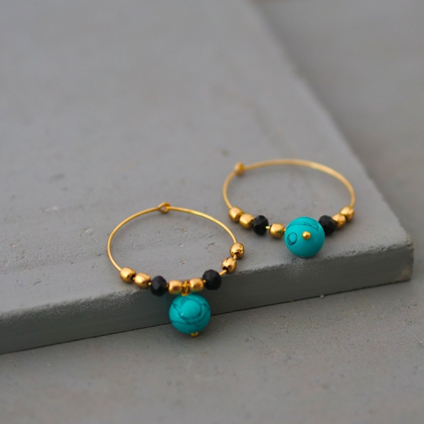 Indian creole earrings golden metal with turquoises