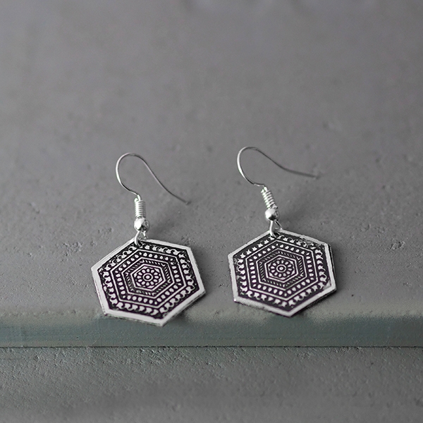 Indian earrings old silver metal hexagon