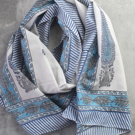 Indian printed cotton stole Dupatta white and blue