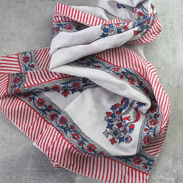 Indian printed cotton stole Dupatta white and red