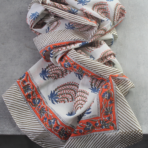 Indian printed cotton stole Dupatta white and orange