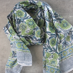 Indian printed cotton stole Dupatta white and green