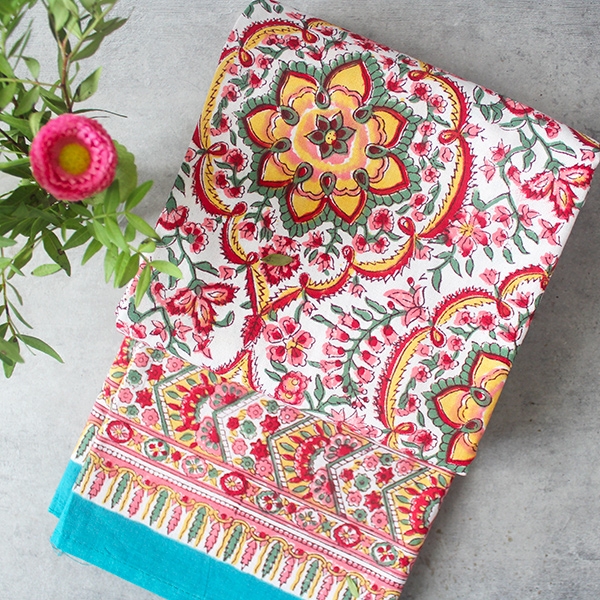 Indian handcrafted printed table cover blue and pink