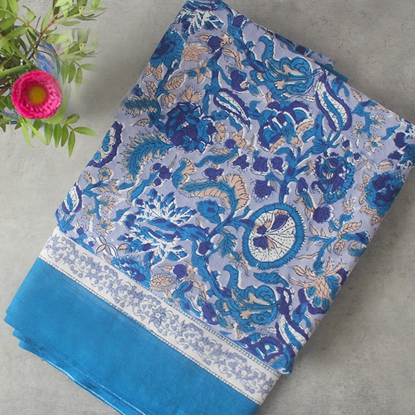 Nappe indienne coton imprimée bleue et beige