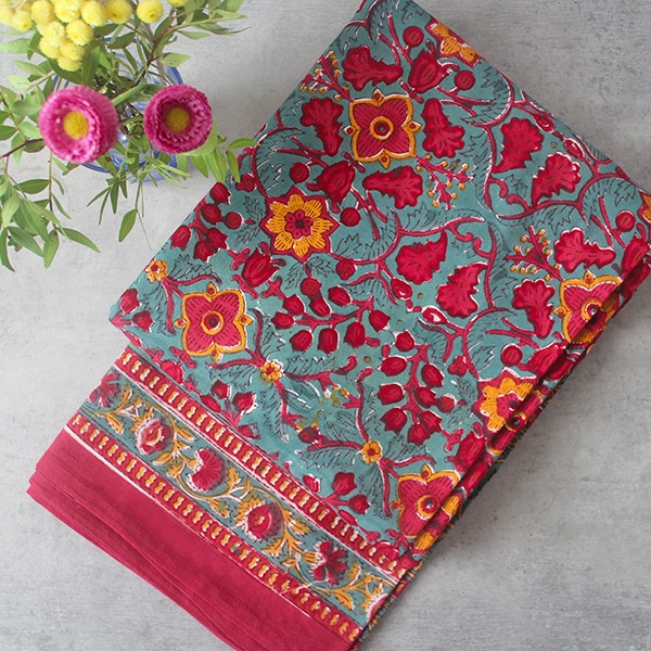 Nappe indienne coton imprimée bordeaux et bleue