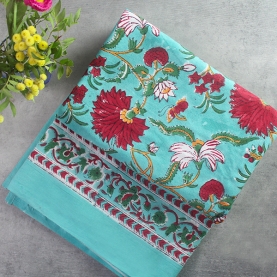 Nappe indienne coton imprimée cyan et rouge