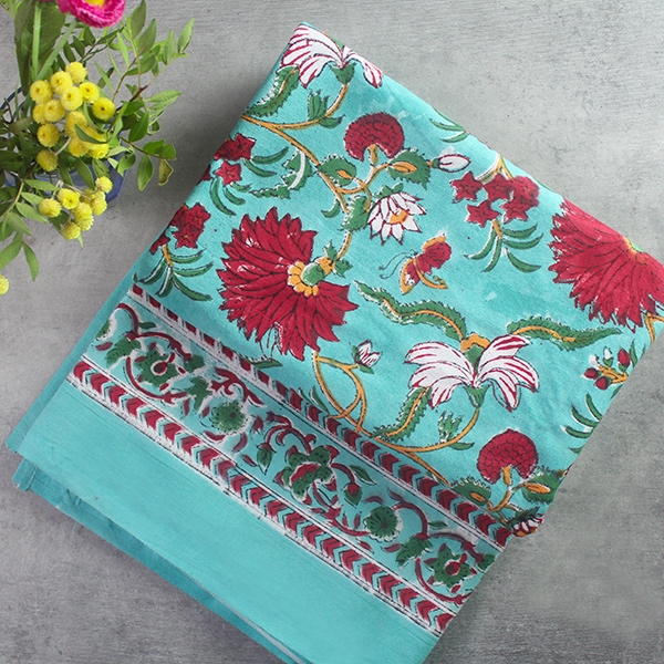 Indian handcrafted printed table cover cyan and red