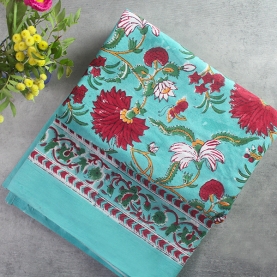 Indian handcrafted printed table cover cyan and red
