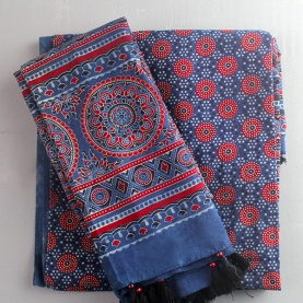 Etole indienne en pur coton Dupatta bleue et bordeaux