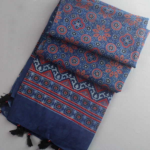 Etole indienne en pur coton Dupatta bleue et bordeaux