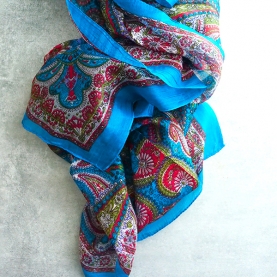 Foulard indien en soie carré bleu et rouge