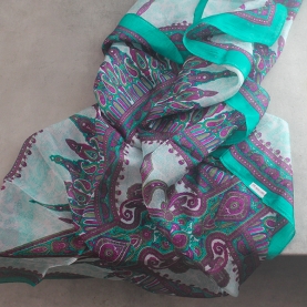 Indian silk scarf square green and purple
