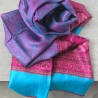 Echarpe indienne en coton tissé Jamawar bleue et rose