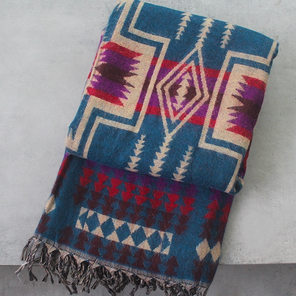 Nepalese woolen shawl traditional blue and beige